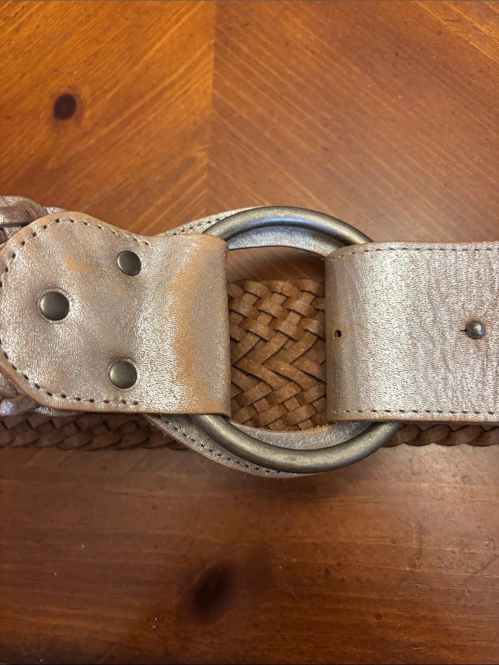 A|X Armani Exchange Braided Leather Belt Metallic Silver Gold